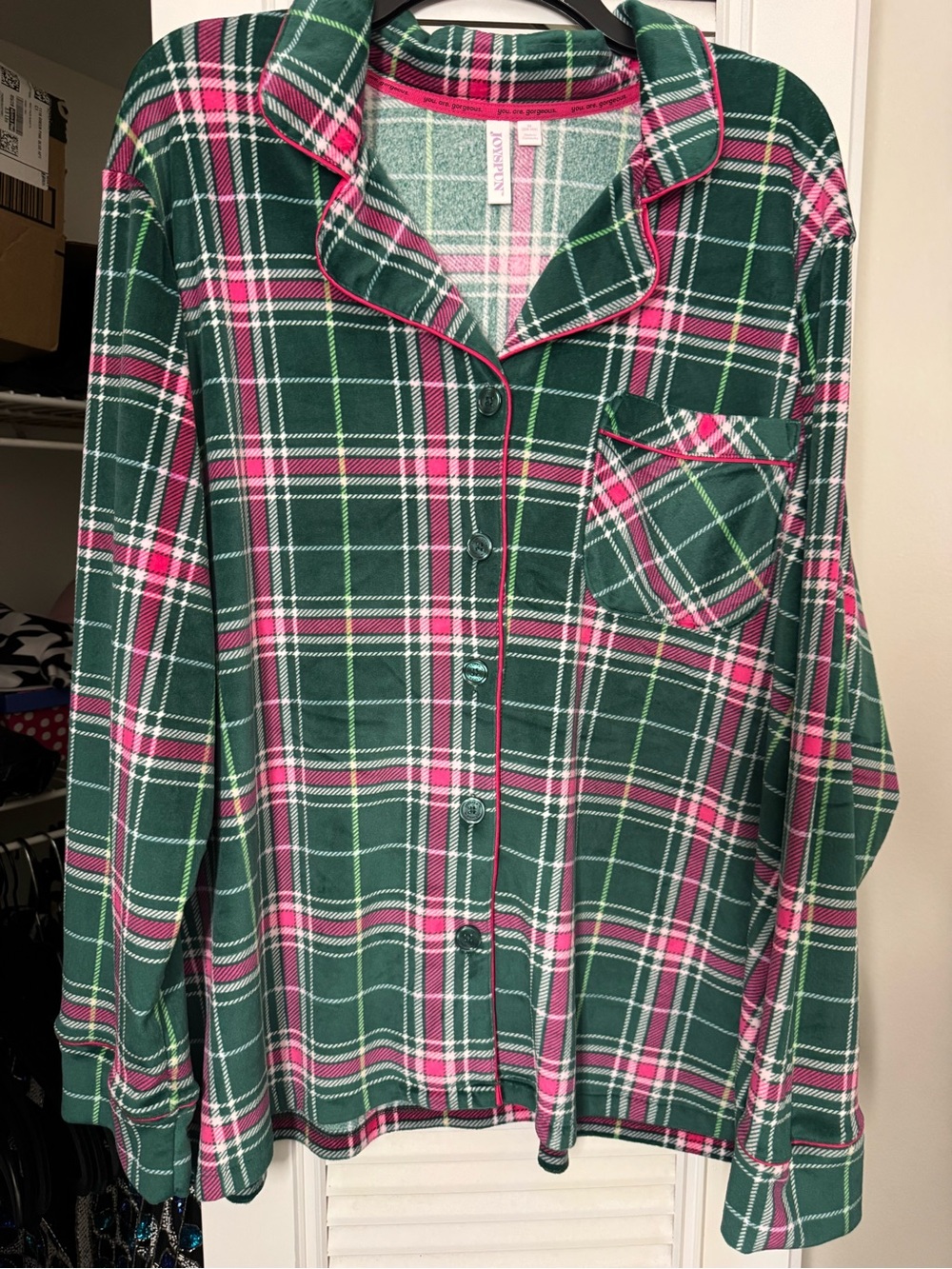 JoySpun Green & Pink Plaid Button-Up PJ set